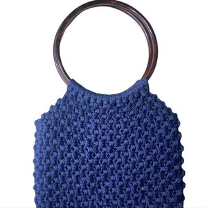 Vintage Macramé Purse Navy Blue & Acrylic Tortoise Shell Handles Lined